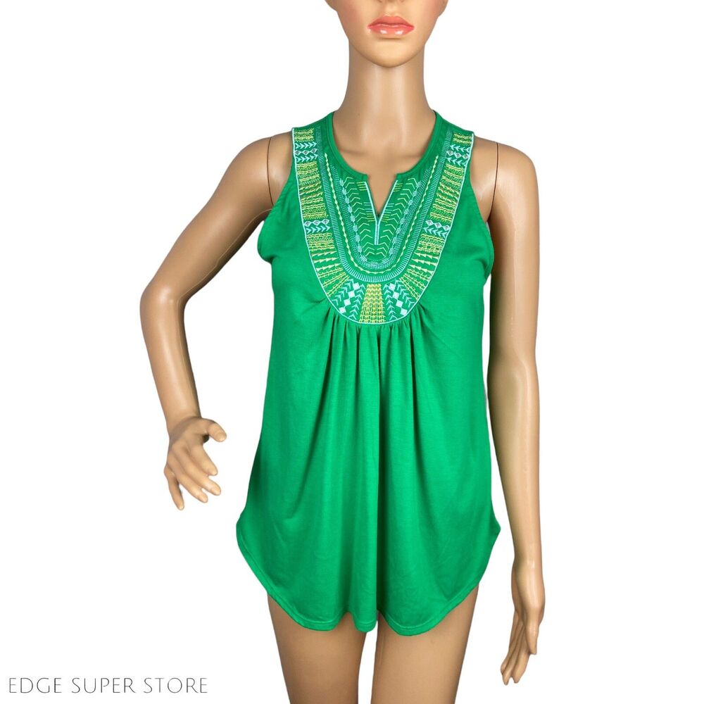 C Green Yellow White Embroidered Collar Sleeveless V Neck Blouse Top Size Small